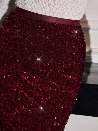 Modelyn رمضان تنورة حمراء مخملية مرصعة بالترتر أنيقة للنساء، مناسبة للخروجات والحفلات في فصلي الخريف والشتاء