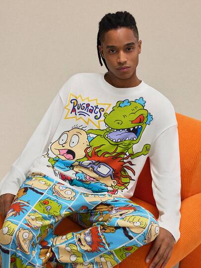 Nick 90s | SHEIN بدلة رياضية رجالية كاجوال مطبوعة برسوم كرتونية مضحكة، ذات كتف منخفض وأكمام طويلة فضفاضة، مجموعة ملابس منزلية للربيع/الخريف والشتاء