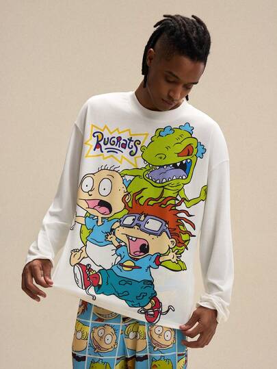 Nick 90s | SHEIN بدلة رياضية رجالية كاجوال مطبوعة برسوم كرتونية مضحكة، ذات كتف منخفض وأكمام طويلة فضفاضة، مجموعة ملابس منزلية للربيع/الخريف والشتاء