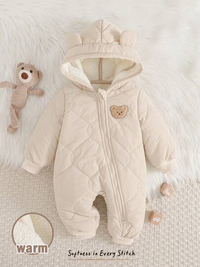 Cozy Pixies جمبسوت رضيع ولد/بنت مبطنة بالحرارة مع غطاء رأس على شكل دب كرتوني، أكمام طويلة، مريحة ومتعددة الاستخدامات للخريف/الشتاء