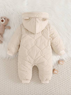Cozy Pixies جمبسوت رضيع ولد/بنت مبطنة بالحرارة مع غطاء رأس على شكل دب كرتوني، أكمام طويلة، مريحة ومتعددة الاستخدامات للخريف/الشتاء