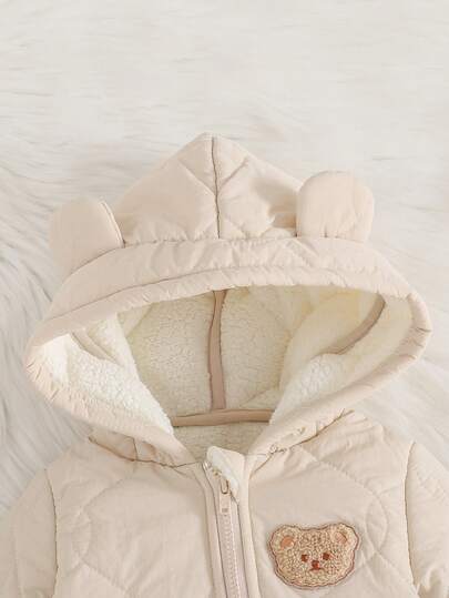 Cozy Pixies جمبسوت رضيع ولد/بنت مبطنة بالحرارة مع غطاء رأس على شكل دب كرتوني، أكمام طويلة، مريحة ومتعددة الاستخدامات للخريف/الشتاء