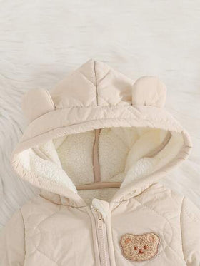 Cozy Pixies جمبسوت رضيع ولد/بنت مبطنة بالحرارة مع غطاء رأس على شكل دب كرتوني، أكمام طويلة، مريحة ومتعددة الاستخدامات للخريف/الشتاء