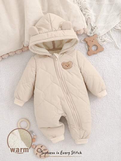 Cozy Pixies جمبسوت رضيع ولد/بنت مبطنة بالحرارة مع غطاء رأس على شكل دب كرتوني، أكمام طويلة، مريحة ومتعددة الاستخدامات للخريف/الشتاء