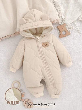Cozy Pixies جمبسوت رضيع ولد/بنت مبطنة بالحرارة مع غطاء رأس على شكل دب كرتوني، أكمام طويلة، مريحة ومتعددة الاستخدامات للخريف/الشتاء