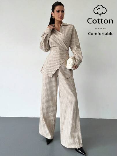 Firerie قميص نسائي بربطة الخصر وبنطال فضفاض واسع الساق للتنقل اليومي