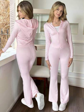 SHEIN Sparklyn بدلة رياضية كاجوال أساسية للمراهقات، تتكون من جاكيت مطبق مع قبعة وبنطال واسع مصنوع من الأقمشة المحبوكة، مناسبة للخريف والشتاء