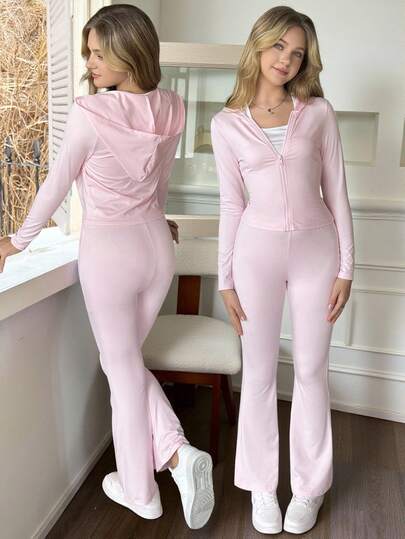 SHEIN Sparklyn بدلة رياضية كاجوال أساسية للمراهقات، تتكون من جاكيت مطبق مع قبعة وبنطال واسع مصنوع من الأقمشة المحبوكة، مناسبة للخريف والشتاء