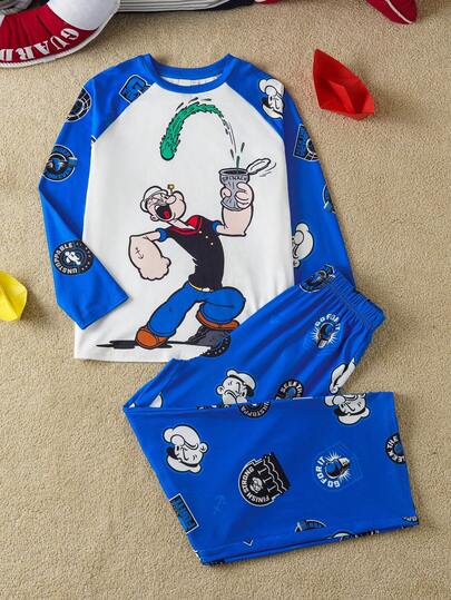 Popeye X SHEIN طقم بيجامة مكون من بلوزة كاجوال قصيرة الأكمام بطبعة شخصية كرتونية للأولاد والبنطلون الفضفاض الأزرق الراحة