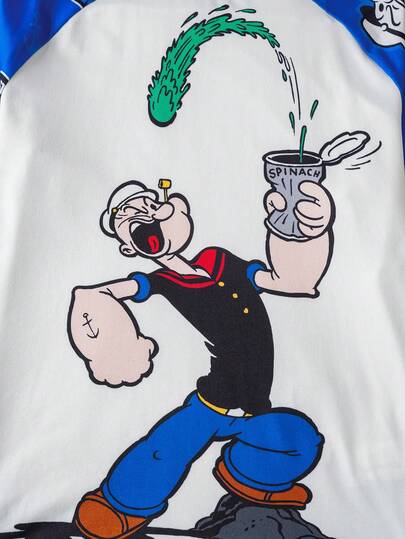 Popeye X SHEIN طقم بيجامة مكون من بلوزة كاجوال قصيرة الأكمام بطبعة شخصية كرتونية للأولاد والبنطلون الفضفاض الأزرق الراحة