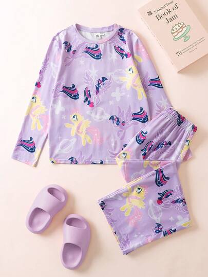 My Little Pony X SHEIN طقم بيجاما للفتيات المراهقات مكون من ملابس علوية رقبة دائرية مطبوعة بطبعة حلوة حالمة وبنطلون، لون بنفسجي فاتح، للخريف/الشتاء