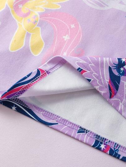 My Little Pony X SHEIN طقم بيجاما للفتيات المراهقات مكون من ملابس علوية رقبة دائرية مطبوعة بطبعة حلوة حالمة وبنطلون، لون بنفسجي فاتح، للخريف/الشتاء