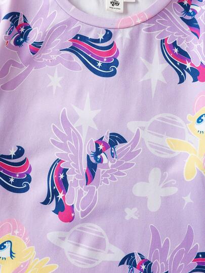 My Little Pony X SHEIN طقم بيجاما للفتيات المراهقات مكون من ملابس علوية رقبة دائرية مطبوعة بطبعة حلوة حالمة وبنطلون، لون بنفسجي فاتح، للخريف/الشتاء