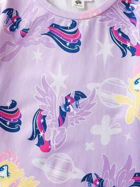 My Little Pony X SHEIN طقم بيجاما للفتيات المراهقات مكون من ملابس علوية رقبة دائرية مطبوعة بطبعة حلوة حالمة وبنطلون، لون بنفسجي فاتح، للخريف/الشتاء