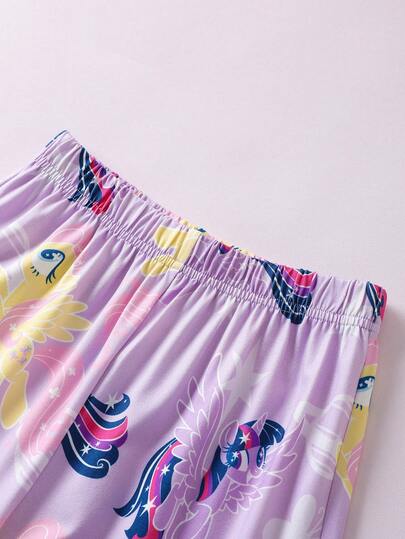 My Little Pony X SHEIN طقم بيجاما للفتيات المراهقات مكون من ملابس علوية رقبة دائرية مطبوعة بطبعة حلوة حالمة وبنطلون، لون بنفسجي فاتح، للخريف/الشتاء