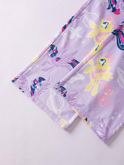 My Little Pony X SHEIN طقم بيجاما للفتيات المراهقات مكون من ملابس علوية رقبة دائرية مطبوعة بطبعة حلوة حالمة وبنطلون، لون بنفسجي فاتح، للخريف/الشتاء