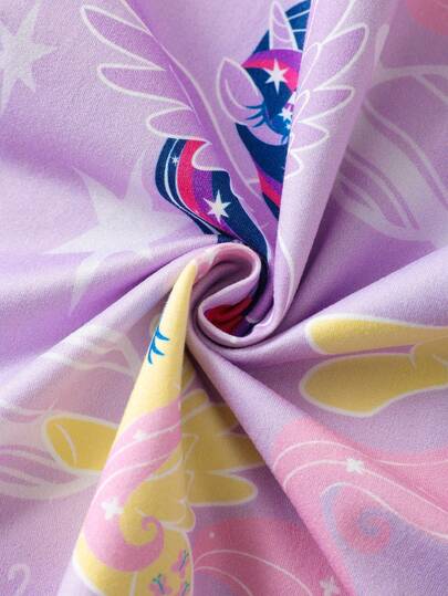 My Little Pony X SHEIN طقم بيجاما للفتيات المراهقات مكون من ملابس علوية رقبة دائرية مطبوعة بطبعة حلوة حالمة وبنطلون، لون بنفسجي فاتح، للخريف/الشتاء