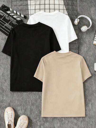 SHEIN Vacaura 3 قطعة/مجموعة تي شيرت كاجوال للمراهقين بطباعة سيلويت كرة السلة، ذات رقبة دائرية وأكمام قصيرة، متعددة الاستخدامات للربيع والخريف والصيف
