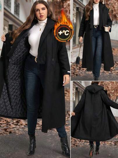 SHEIN Clasi معطف قطني مبطن طويل مقلم بأكمام طويلة للنساء ذوات الأشكال المنحنية والمقاسات الكبيرة، باللون الأسود الأساسي. يتميز بياقة هودي على شكل بدلة، جيبين مزدوجين، جودة عالية، دافئ، مريح، محتفظ بالحرارة، مناسب لعدة مناسبات، موديل جديد 2025