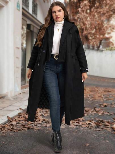 SHEIN Clasi معطف قطني مبطن طويل مقلم بأكمام طويلة للنساء ذوات الأشكال المنحنية والمقاسات الكبيرة، باللون الأسود الأساسي. يتميز بياقة هودي على شكل بدلة، جيبين مزدوجين، جودة عالية، دافئ، مريح، محتفظ بالحرارة، مناسب لعدة مناسبات، موديل جديد 2025