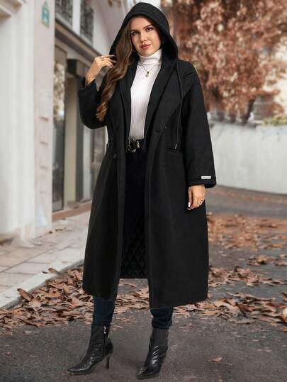 SHEIN Clasi معطف قطني مبطن طويل مقلم بأكمام طويلة للنساء ذوات الأشكال المنحنية والمقاسات الكبيرة، باللون الأسود الأساسي. يتميز بياقة هودي على شكل بدلة، جيبين مزدوجين، جودة عالية، دافئ، مريح، محتفظ بالحرارة، مناسب لعدة مناسبات، موديل جديد 2025