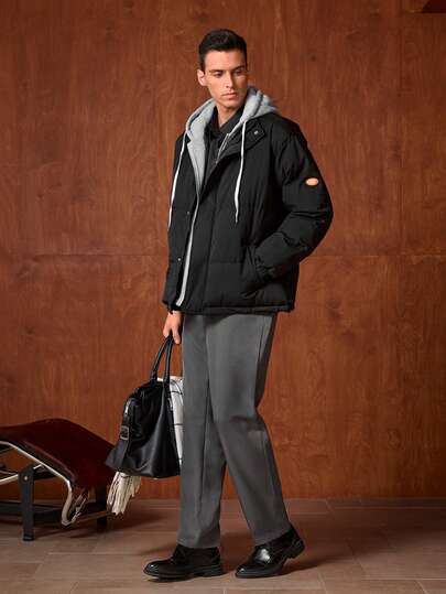 Officeau معطف مبطن دافئ بقلنسوة للرجال، طوق عالي، كاجوال 2 في 1 للأزواج، للخريف والشتاء، لون عتيق