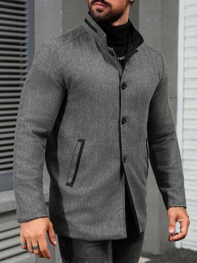Manfinity Homme جاكيت صوفية رمادية كاجوال بياقة عالية للرجال بأكمام طويلة