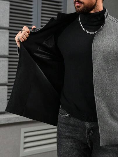 Manfinity Homme جاكيت صوفية رمادية كاجوال بياقة عالية للرجال بأكمام طويلة