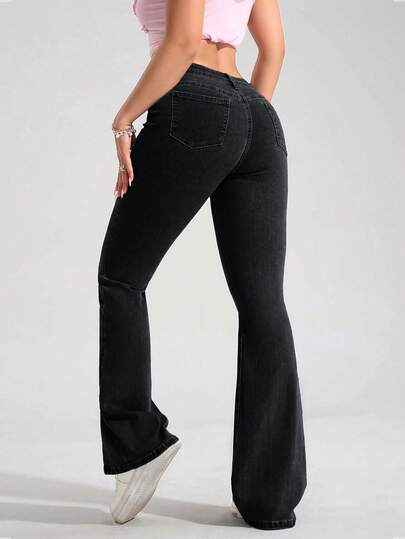 SHEIN PETITE سراويل جينز نسائية بساق متسعة، متعددة الاستخدامات للارتداء اليومي