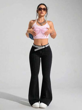 SHEIN PETITE سراويل جينز نسائية بساق متسعة، متعددة الاستخدامات للارتداء اليومي