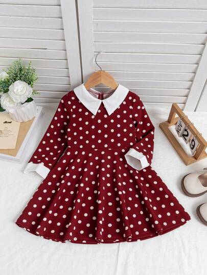 SHEIN Elladie kids فستان كاجوال للبنات بياقة ملونة وخصر مضفر
