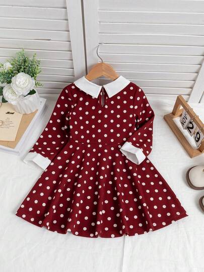 SHEIN Elladie kids فستان كاجوال للبنات بياقة ملونة وخصر مضفر