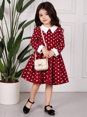 SHEIN Elladie kids فستان كاجوال للبنات بياقة ملونة وخصر مضفر