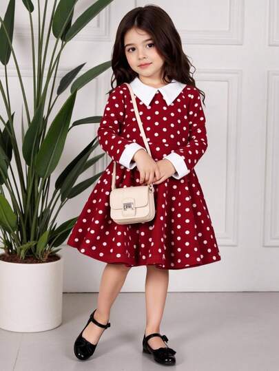 SHEIN Elladie kids فستان كاجوال للبنات بياقة ملونة وخصر مضفر