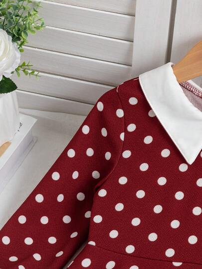 SHEIN Elladie kids فستان كاجوال للبنات بياقة ملونة وخصر مضفر