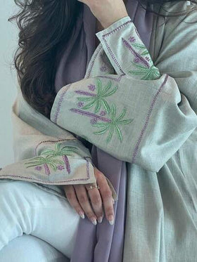 قطعة واحدة من فستان نسائي أنيق وبسيط مطرز بنخلة، مع أكمام مخرمة، لون أحادي طويل، كارديجان فستان طويل عباية مناسبة للمناسبات والحياة اليومية لإظهار أسلوب الصيف