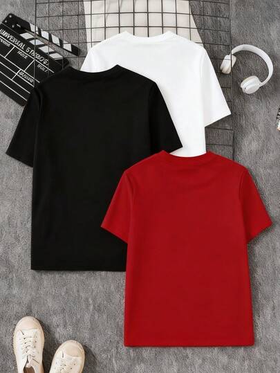 SHEIN 3 قطع/طقم تيشيرتات كاجوال بياقة دائرية وأكمام قصيرة للمراهقين، متعددة الاستخدامات