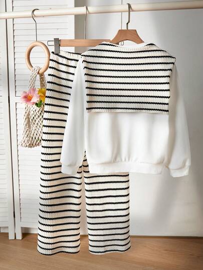 SHEIN بونشو بناتي + بنطلون واسع مخطط، مناسب للربيع والخريف