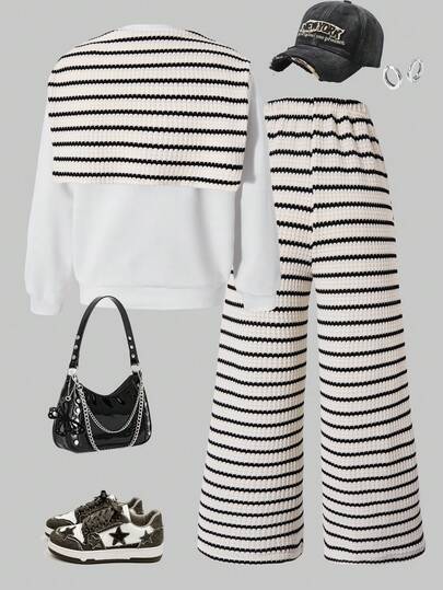 SHEIN بونشو بناتي + بنطلون واسع مخطط، مناسب للربيع والخريف