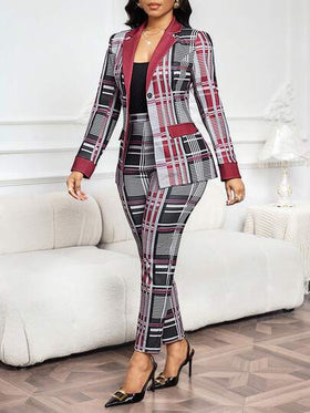 SHEIN Lady بدلة نسائية أنيقة من السترة والبنطلون ذات الأكمام الطويلة والرسمة المربعة، مجموعة ملابس لأعياد الميلاد والعام الجديد وعيد الحب