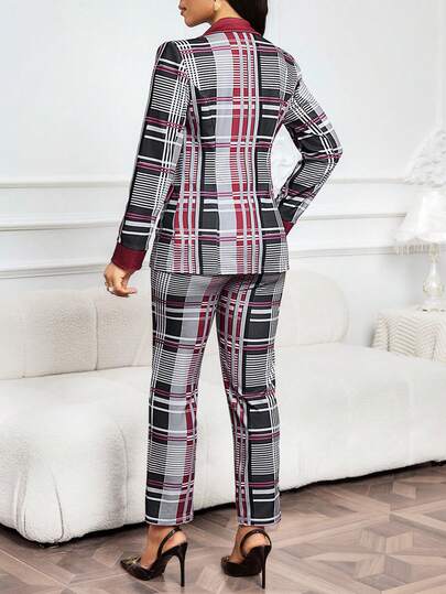 SHEIN Lady بدلة نسائية أنيقة من السترة والبنطلون ذات الأكمام الطويلة والرسمة المربعة، مجموعة ملابس لأعياد الميلاد والعام الجديد وعيد الحب