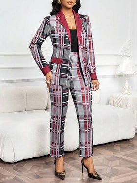 SHEIN Lady بدلة نسائية أنيقة من السترة والبنطلون ذات الأكمام الطويلة والرسمة المربعة، مجموعة ملابس لأعياد الميلاد والعام الجديد وعيد الحب