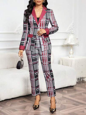 SHEIN Lady بدلة نسائية أنيقة من السترة والبنطلون ذات الأكمام الطويلة والرسمة المربعة، مجموعة ملابس لأعياد الميلاد والعام الجديد وعيد الحب