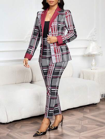 SHEIN Lady بدلة نسائية أنيقة من السترة والبنطلون ذات الأكمام الطويلة والرسمة المربعة، مجموعة ملابس لأعياد الميلاد والعام الجديد وعيد الحب
