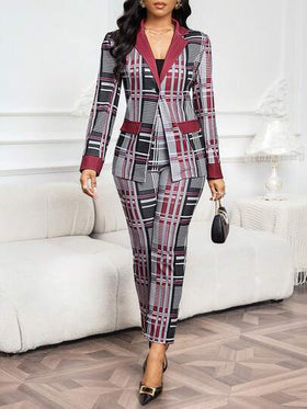 SHEIN Lady بدلة نسائية أنيقة من السترة والبنطلون ذات الأكمام الطويلة والرسمة المربعة، مجموعة ملابس لأعياد الميلاد والعام الجديد وعيد الحب