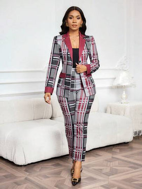 SHEIN Lady بدلة نسائية أنيقة من السترة والبنطلون ذات الأكمام الطويلة والرسمة المربعة، مجموعة ملابس لأعياد الميلاد والعام الجديد وعيد الحب