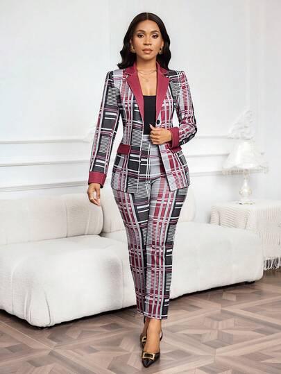SHEIN Lady بدلة نسائية أنيقة من السترة والبنطلون ذات الأكمام الطويلة والرسمة المربعة، مجموعة ملابس لأعياد الميلاد والعام الجديد وعيد الحب