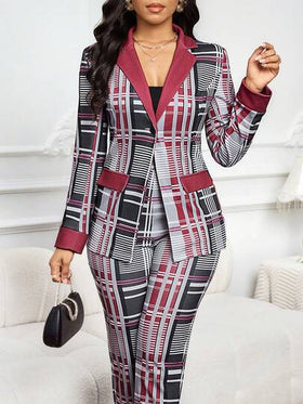 SHEIN Lady بدلة نسائية أنيقة من السترة والبنطلون ذات الأكمام الطويلة والرسمة المربعة، مجموعة ملابس لأعياد الميلاد والعام الجديد وعيد الحب