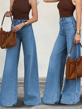 بنطلون جينز نسائي فضفاض بساق مستقيمة، تصميم بتفاصيل أزرار وسوستة، قصة متوسطة الارتفاع من قماش مرن متوسط