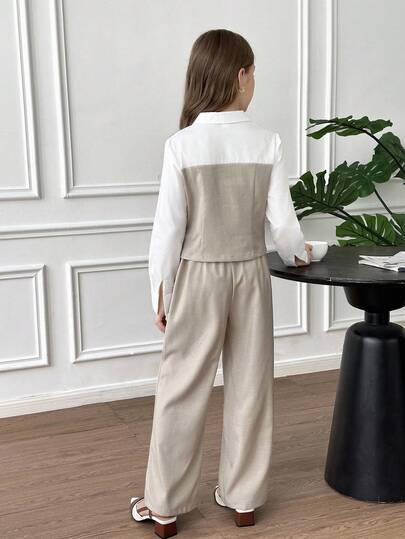 SHEIN مجموعة قميص وبنطلون بلوكات لون أنيقة كاجوال للفتيات المراهقات، مناسبة للارتداء اليومي، التنقل، الأم والابنة، خريف/شتاء، قطعتان